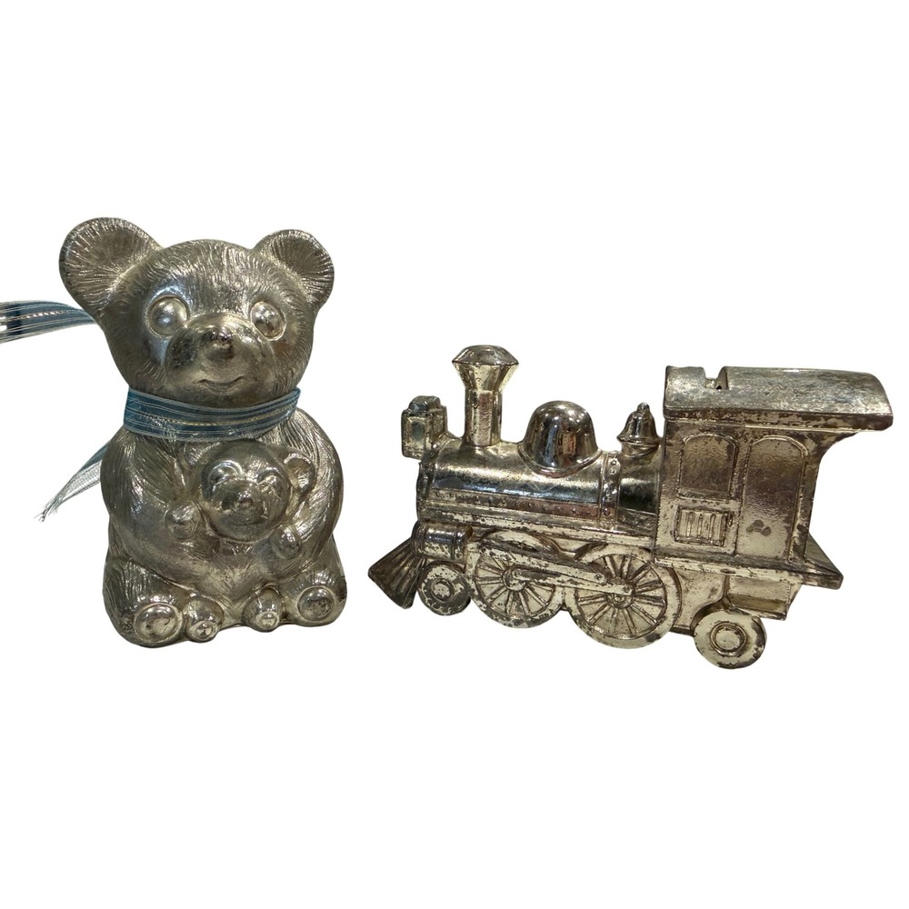 Godinger Silver Plated Teddy Bear and Train Piggy Bank Set Vintage Japan 1982